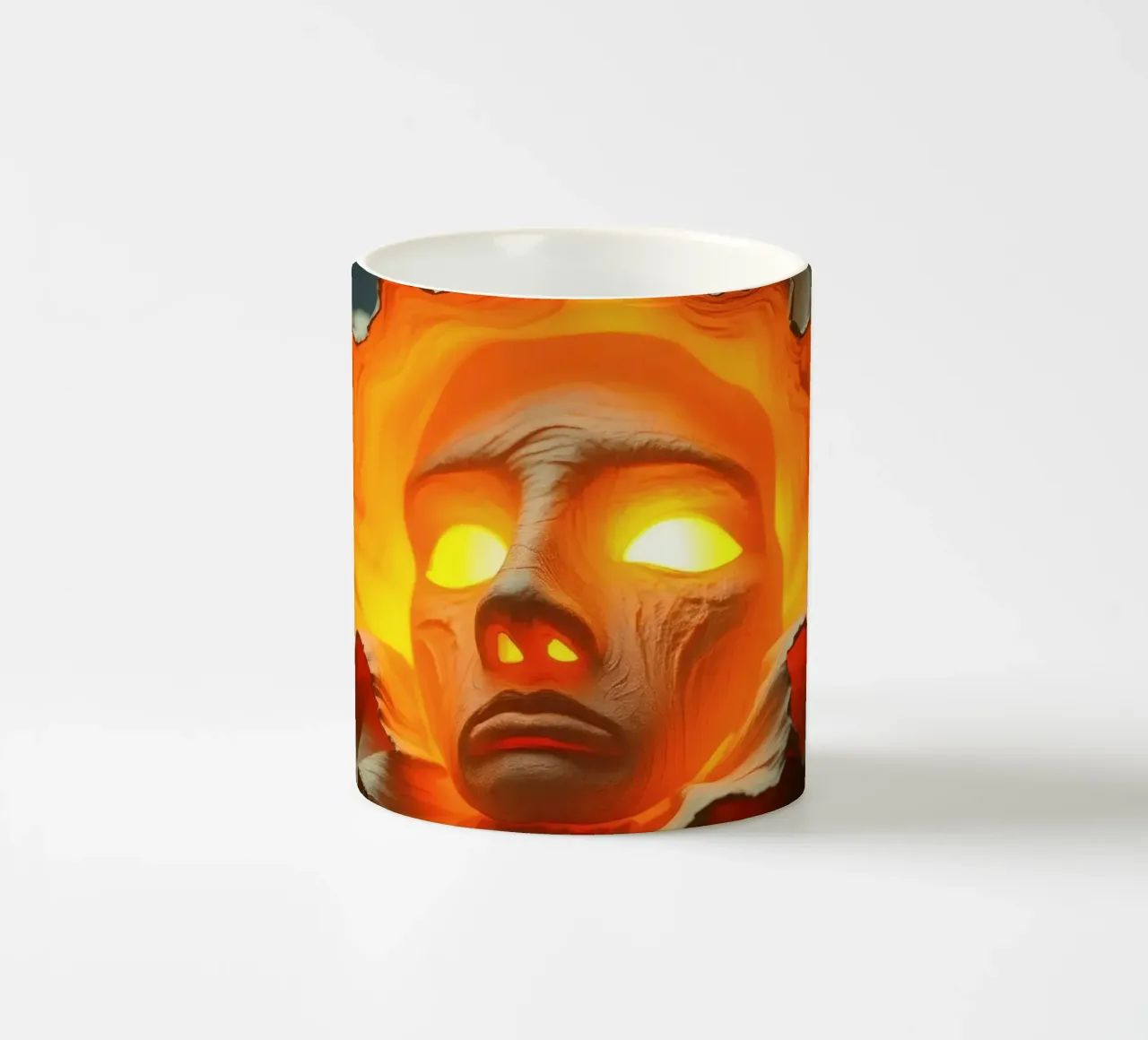 Intricate sculpture of a face surrounded by illuminated ceramic mug by DesignDoodle