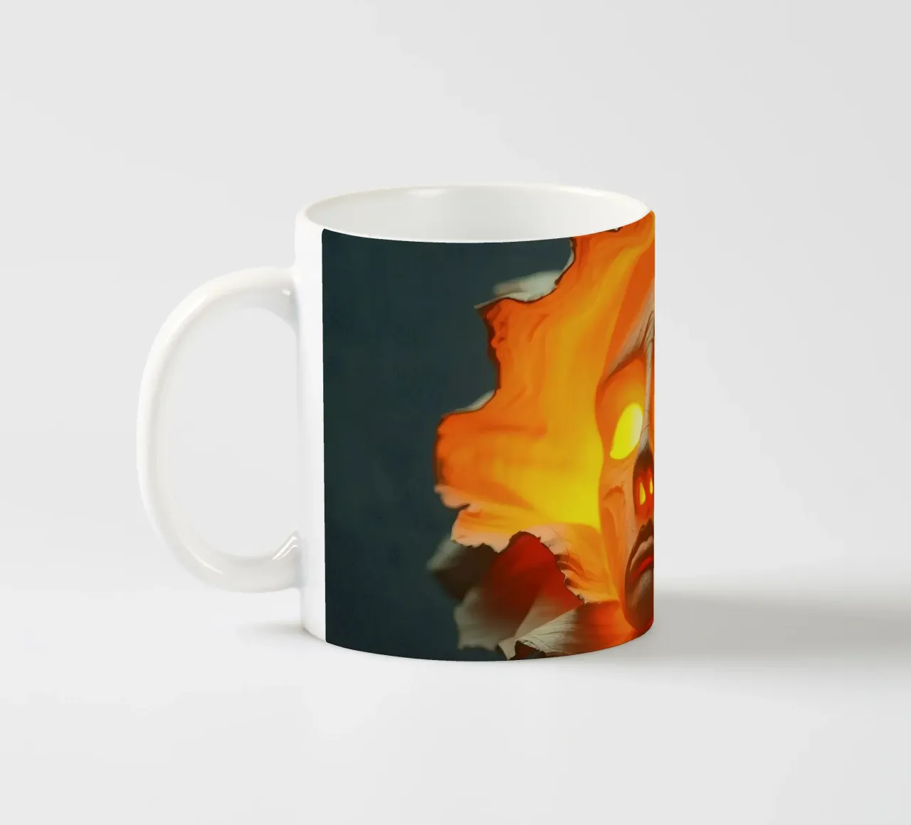 Intricate sculpture of a face surrounded by illuminated ceramic mug by DesignDoodle
