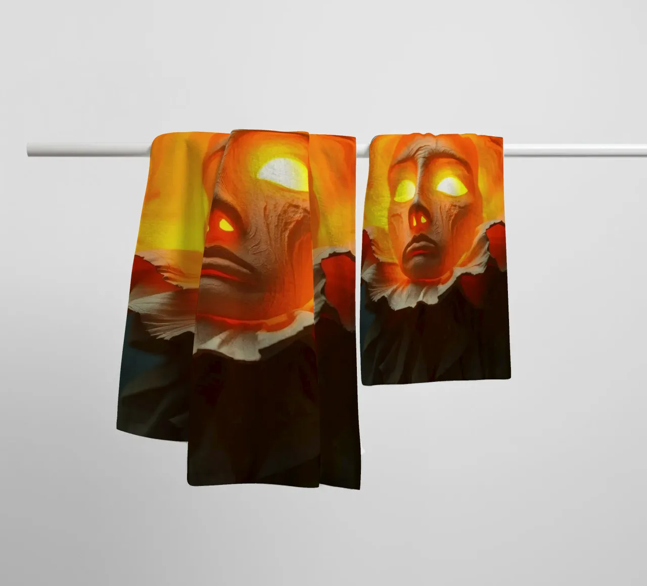 Intricate sculpture of a face surrounded by illuminated towel by DesignDoodle