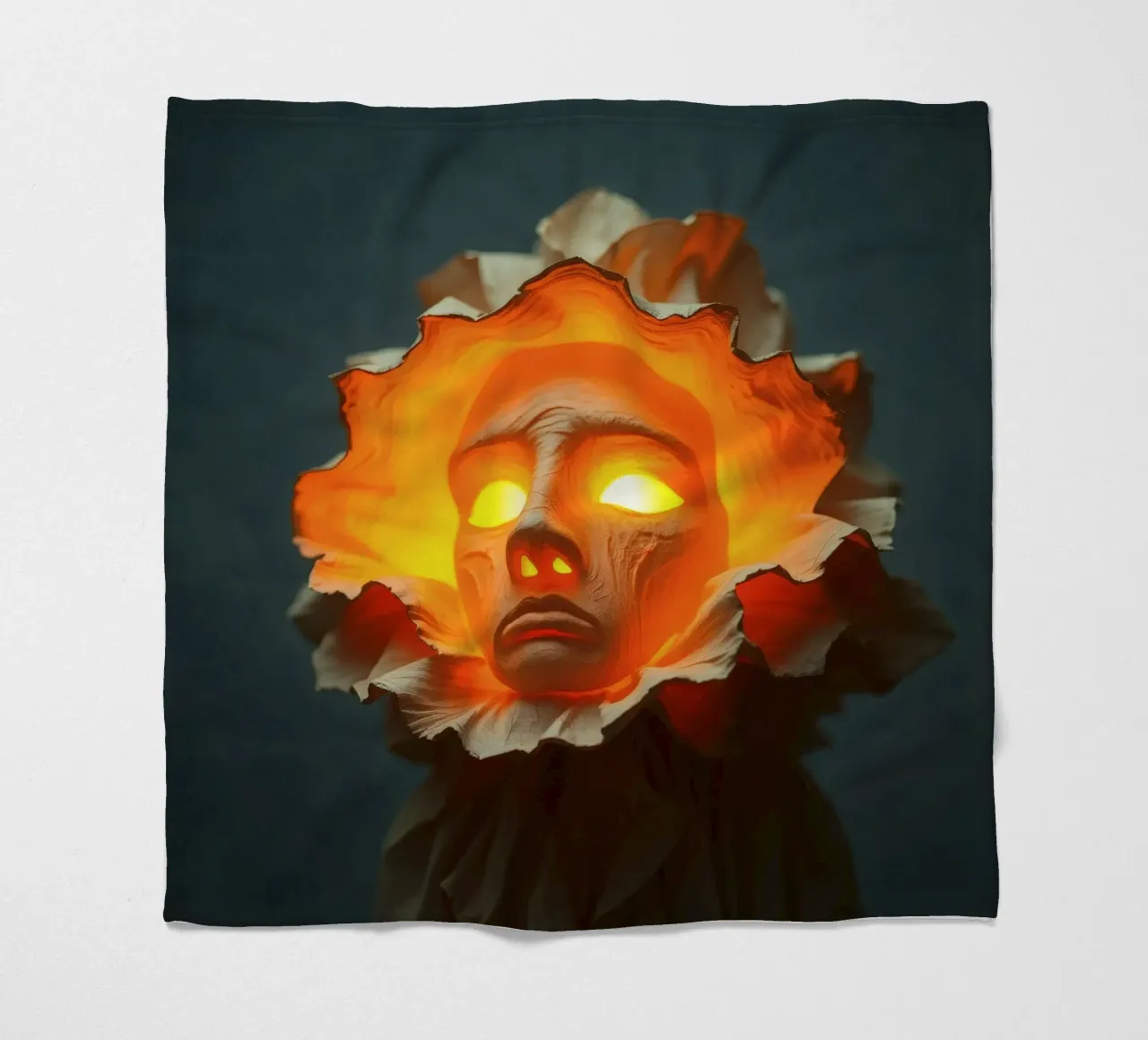 Intricate sculpture of a face surrounded by illuminated fleece blanket by DesignDoodle