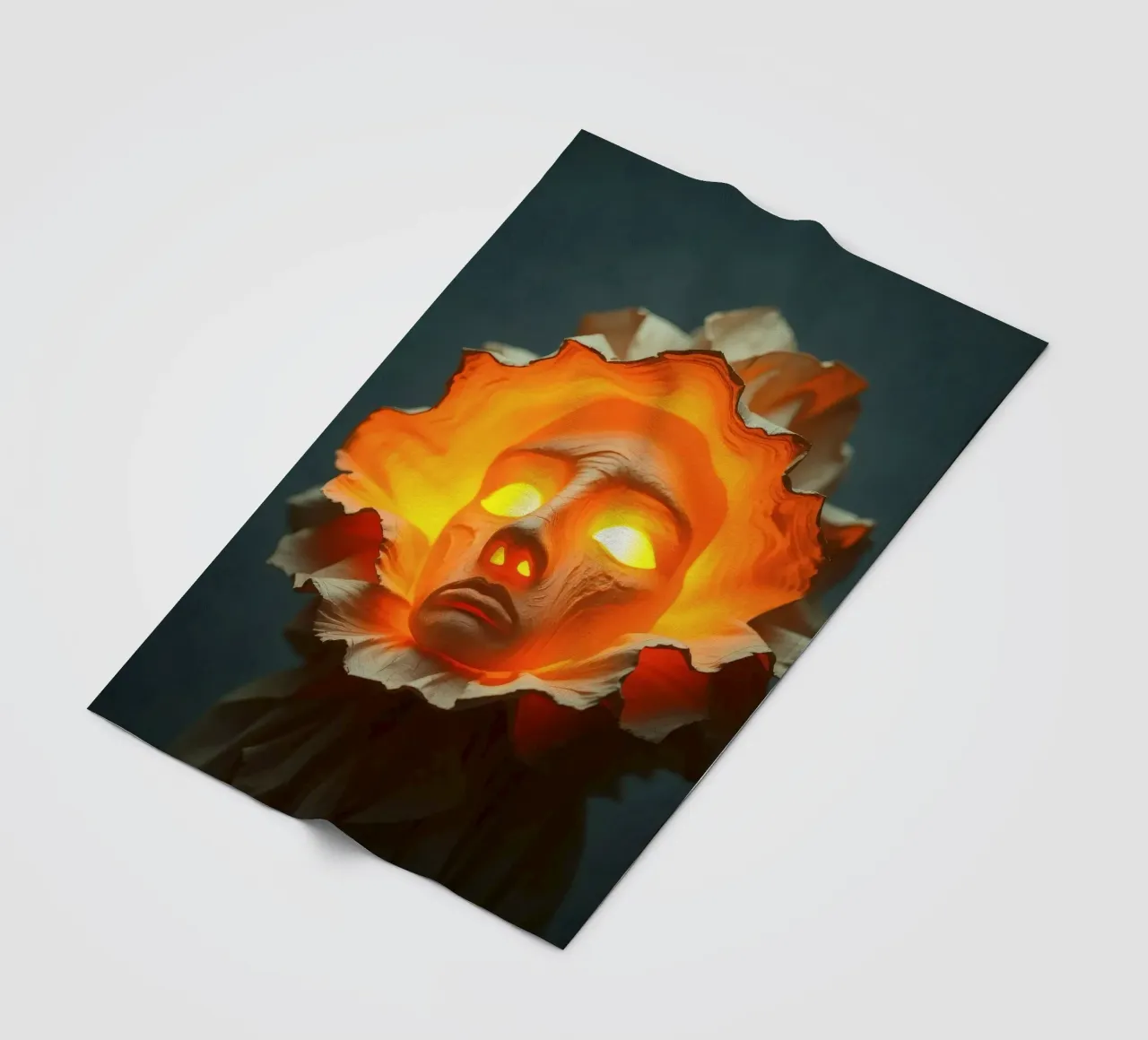 Intricate sculpture of a face surrounded by illuminated fleece blanket by DesignDoodle