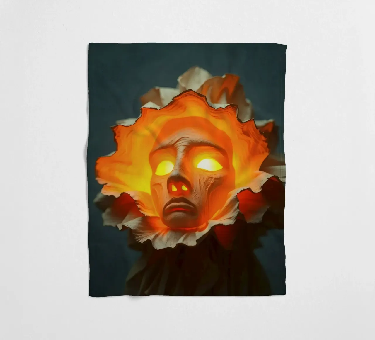 Intricate sculpture of a face surrounded by illuminated fleece blanket by DesignDoodle