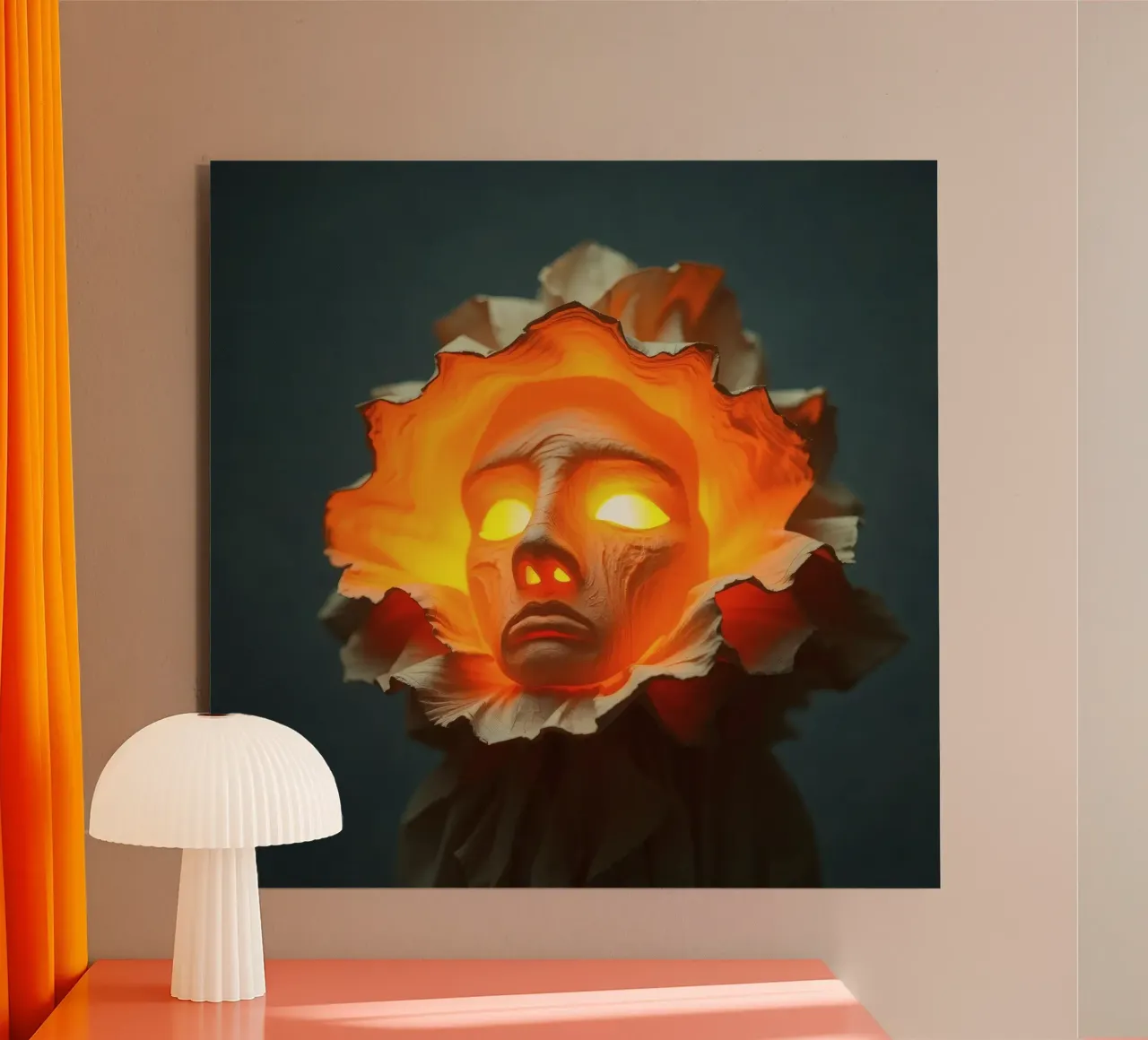 Intricate sculpture of a face surrounded by illuminated alu-dibond by DesignDoodle