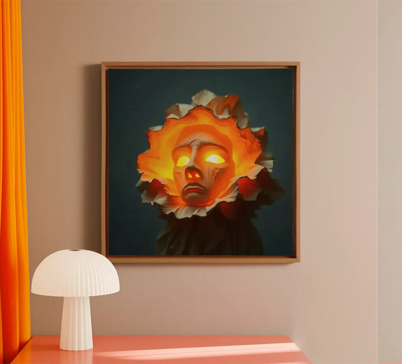 Intricate sculpture of a face surrounded by illuminated canvas with Floater frame by DesignDoodle