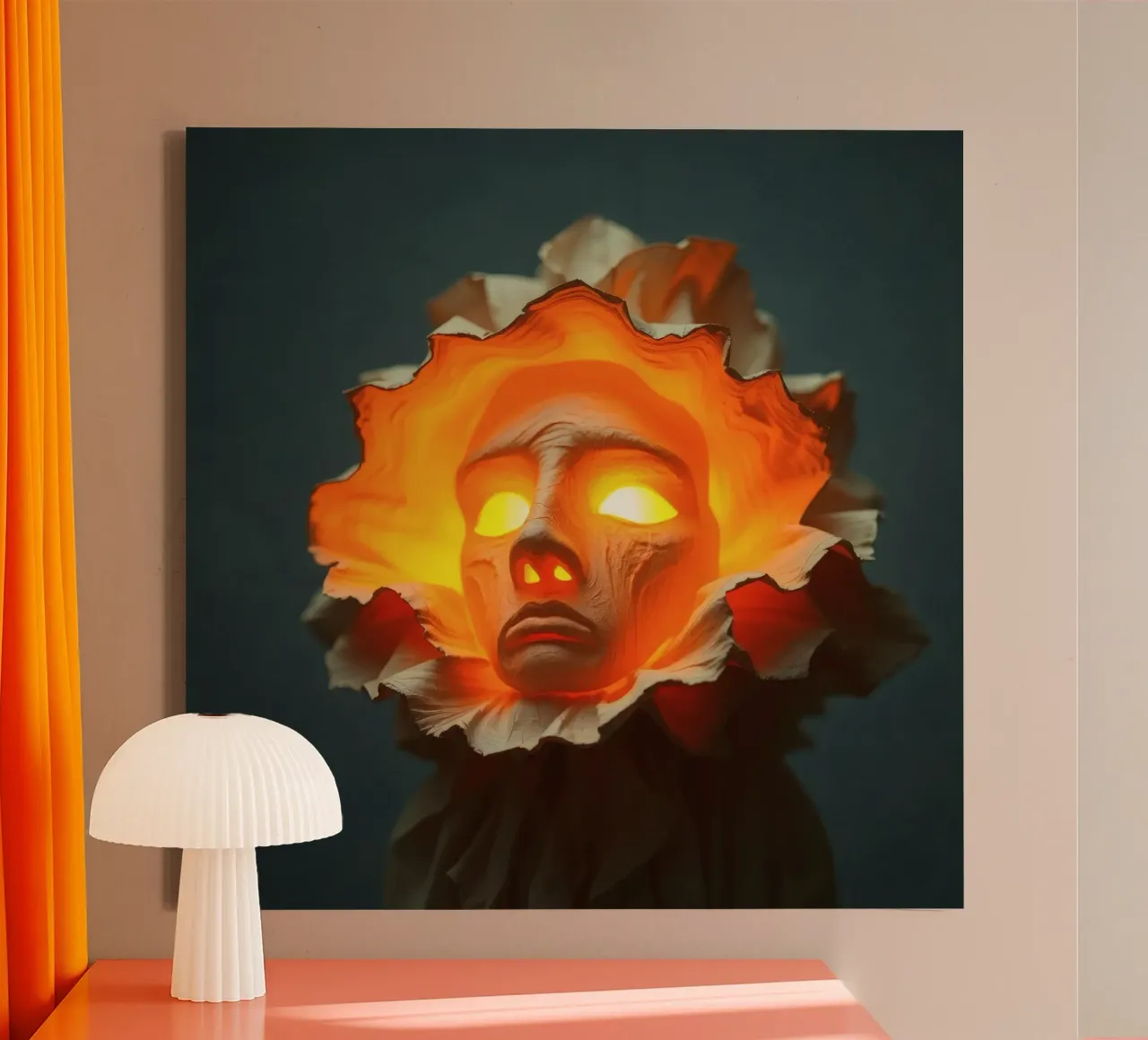 Intricate sculpture of a face surrounded by illuminated canvas with Floater frame by DesignDoodle