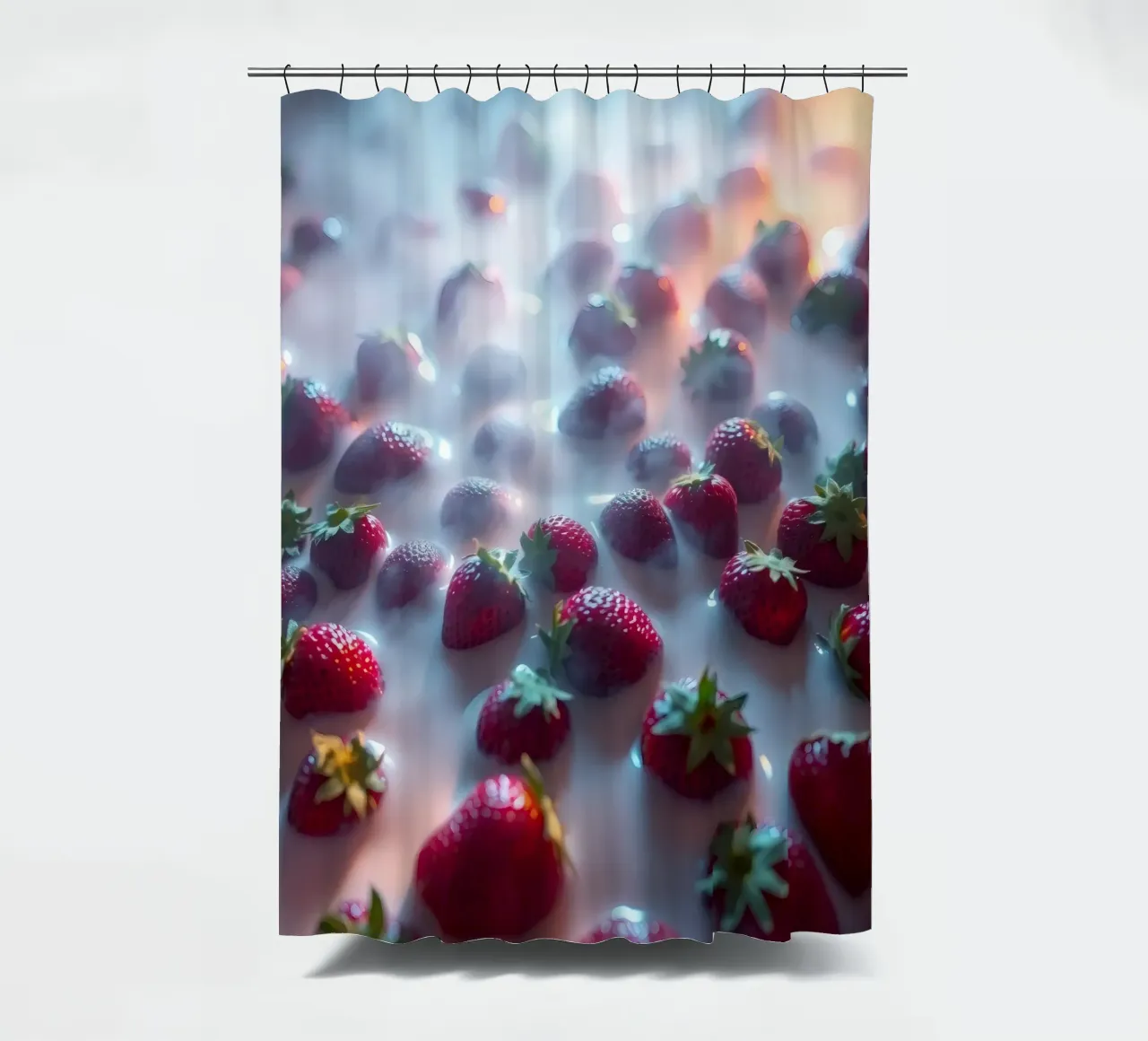 Fresh strawberries surrounded by mist refreshing atmosphere shower curtain by DesignDoodle