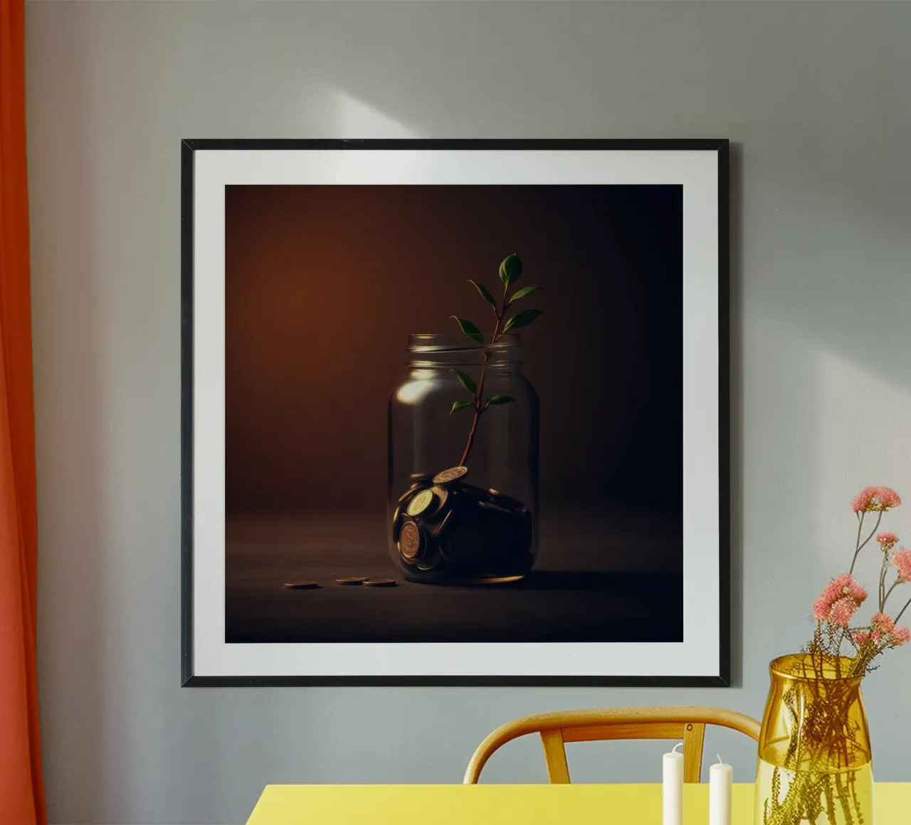 Il vaso del denaro fa crescere una pianta che simboleggia la crescita finanziaria. poster con telaio in legno da DesignDoodle
