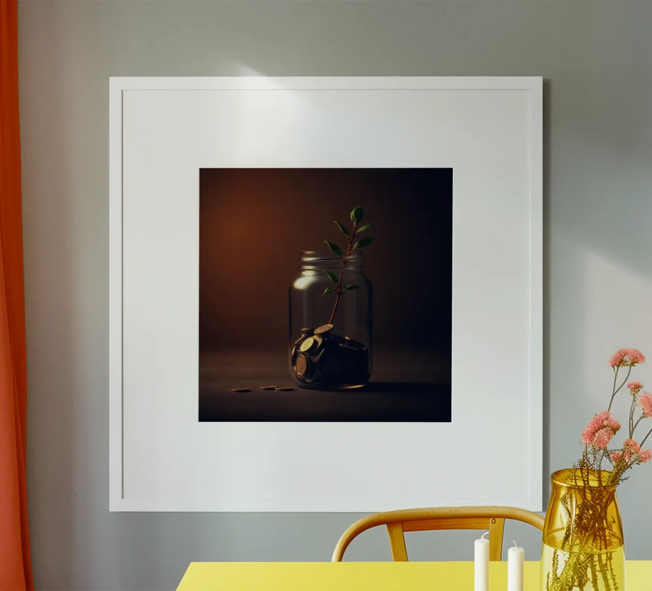 Il vaso del denaro fa crescere una pianta che simboleggia la crescita finanziaria. poster con telaio in legno da DesignDoodle