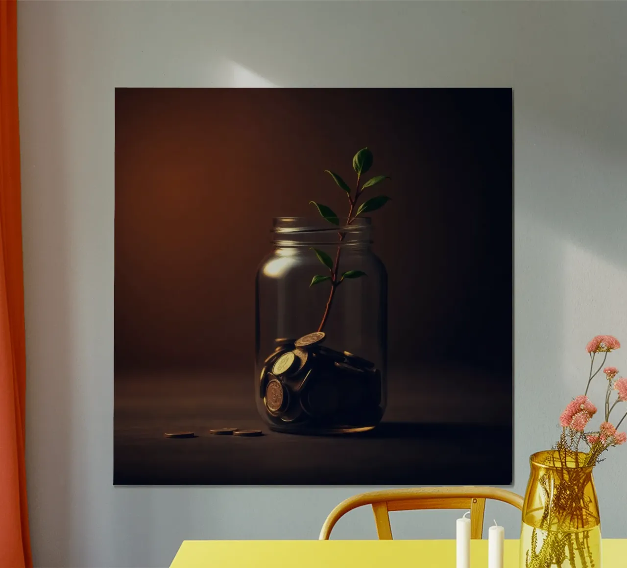 Il vaso del denaro fa crescere una pianta che simboleggia la crescita finanziaria. poster con telaio in legno da DesignDoodle