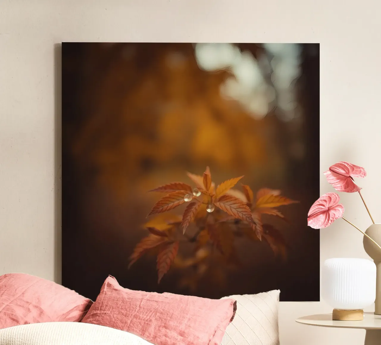 Fall leaves glisten with raindrops in a serene forest canvas by DesignDoodle