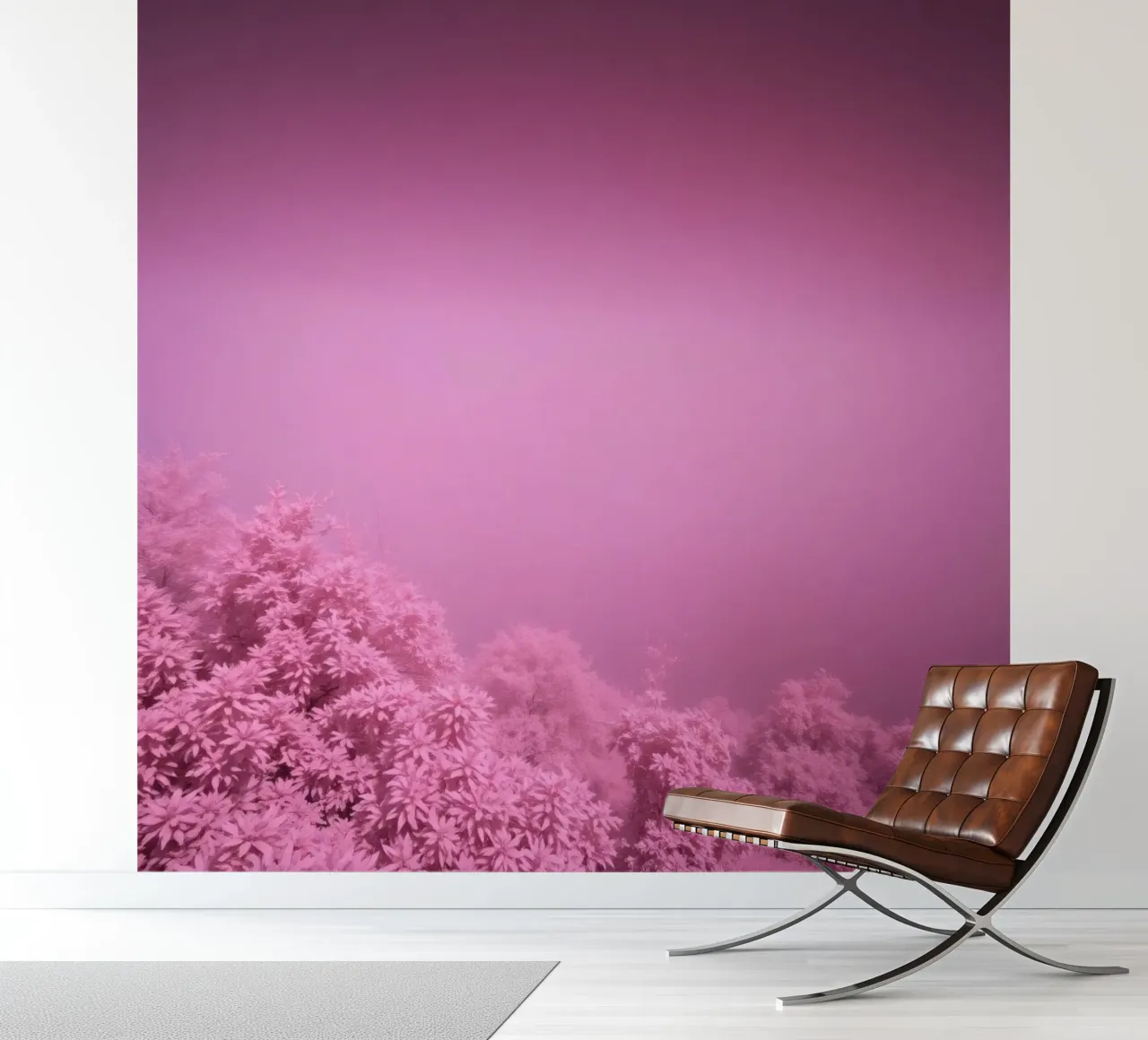 rosafarbene Landschaft mit üppigem Laub bei gedämpftem Licht Fototapete von DesignDoodle
