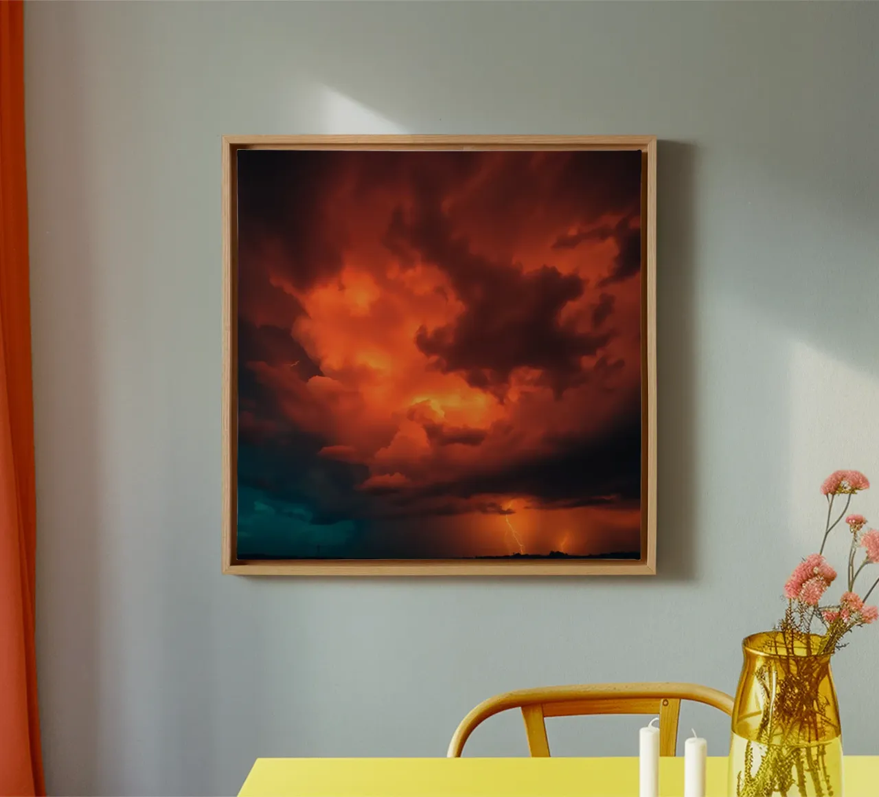 Dramatic sunset with storm clouds and lightning canvas with Floater frame by DesignDoodle