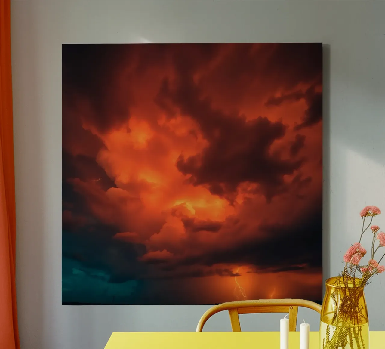 Dramatic sunset with storm clouds and lightning canvas with Floater frame by DesignDoodle
