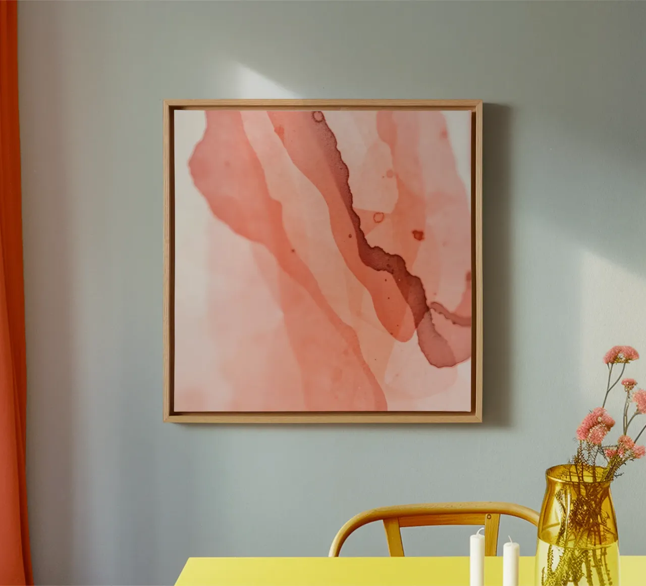 Abstract artwork flowing pink and coral hues blending softly canvas with Floater frame by DesignDoodle