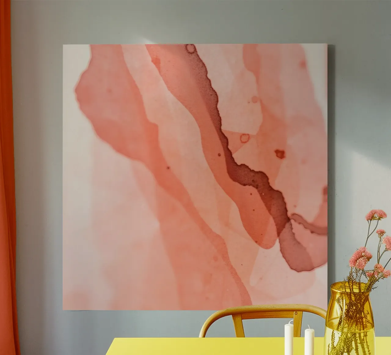 Abstract artwork flowing pink and coral hues blending softly canvas with Floater frame by DesignDoodle