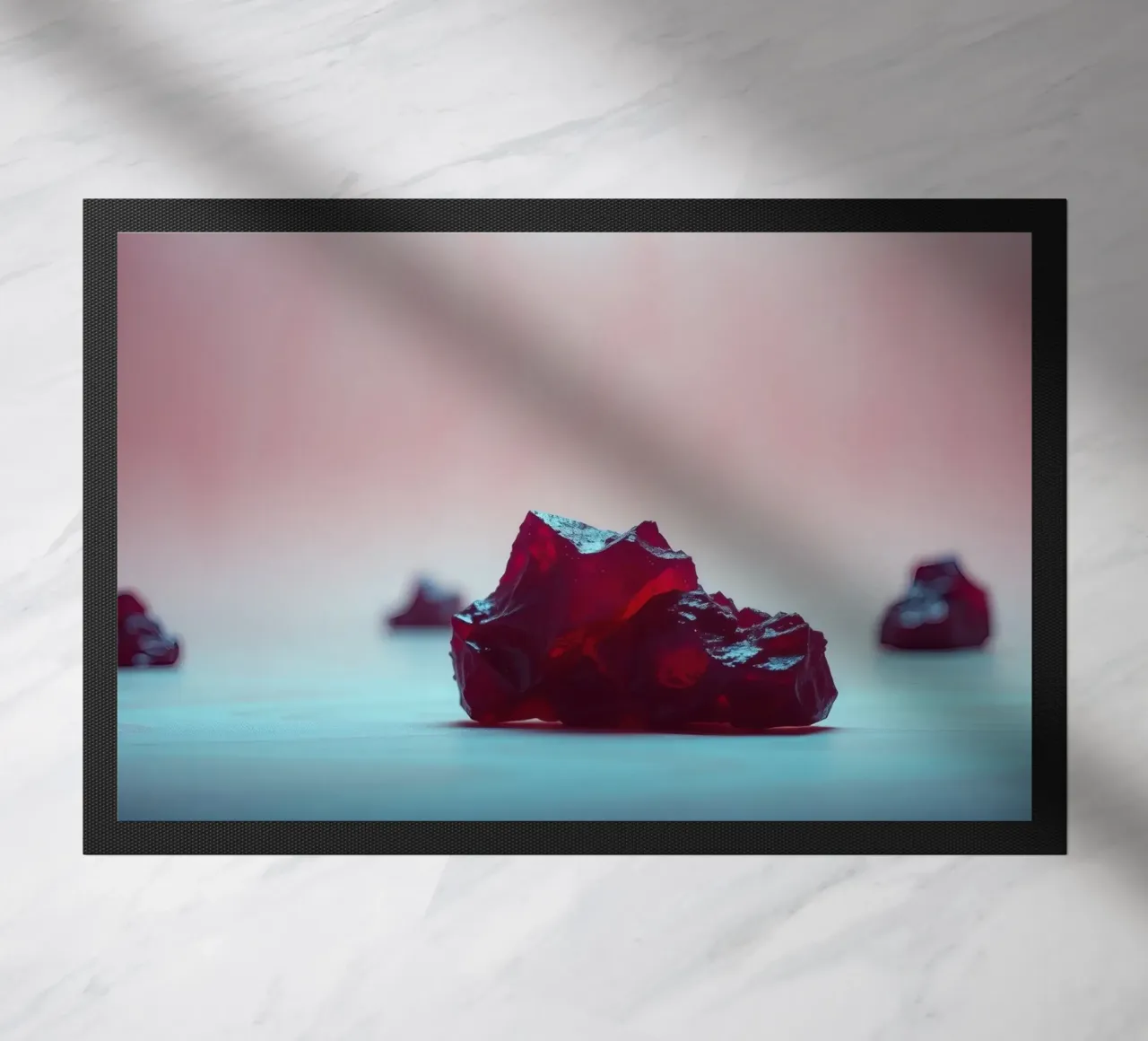 Bright red gelatin cubes scattered on a soft surface doormat by DesignDoodle
