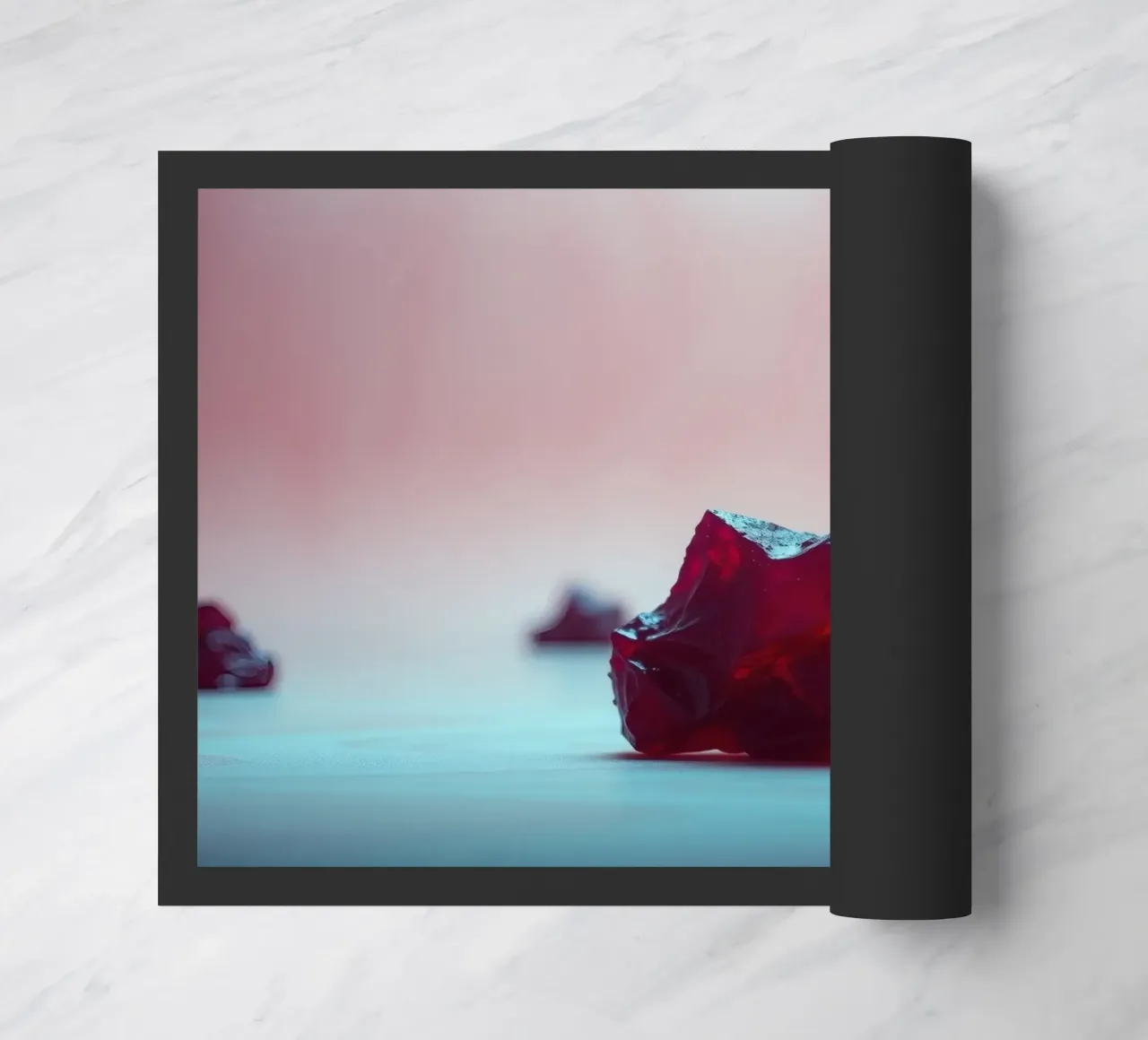 Bright red gelatin cubes scattered on a soft surface doormat by DesignDoodle