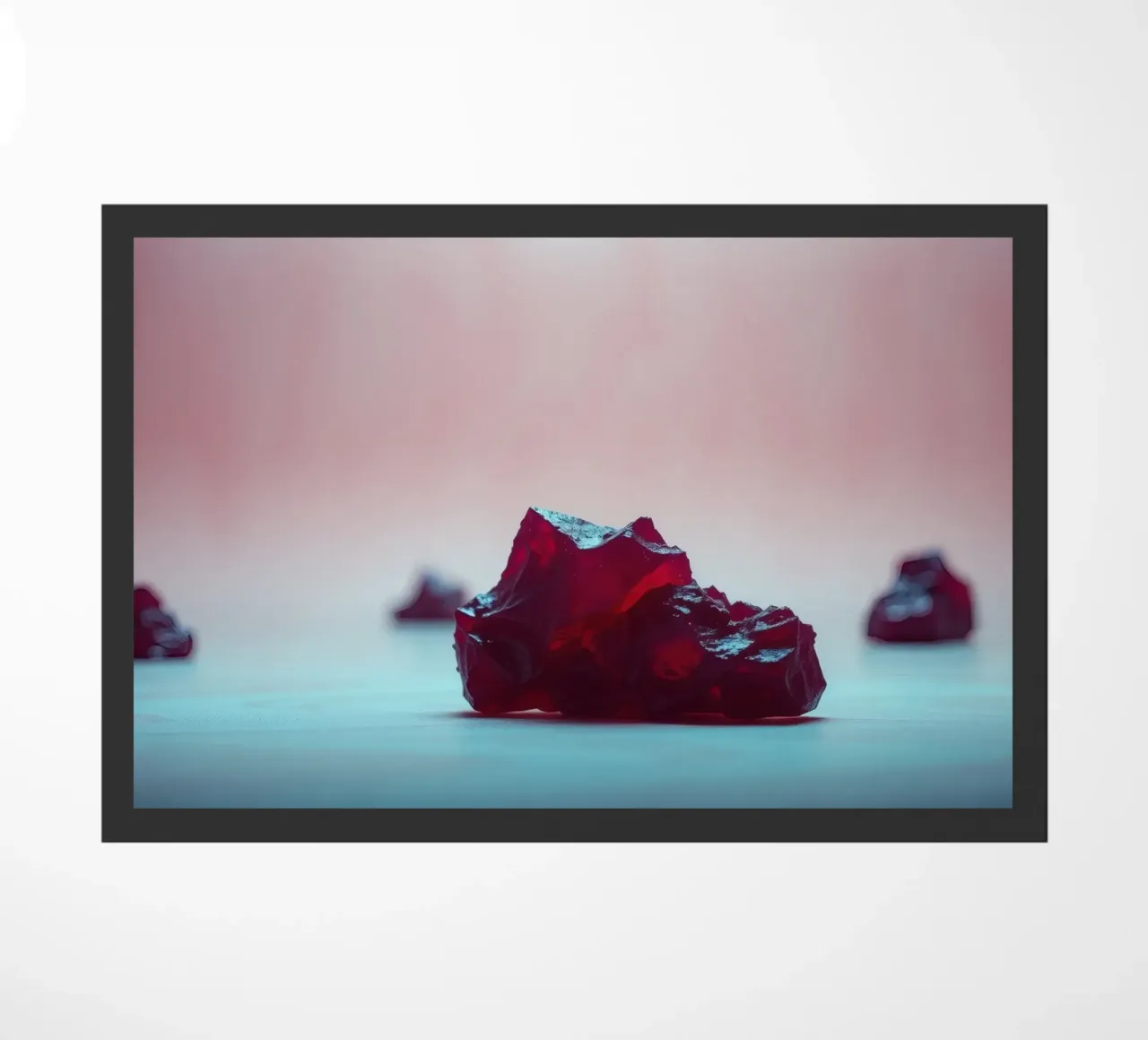 Bright red gelatin cubes scattered on a soft surface doormat by DesignDoodle