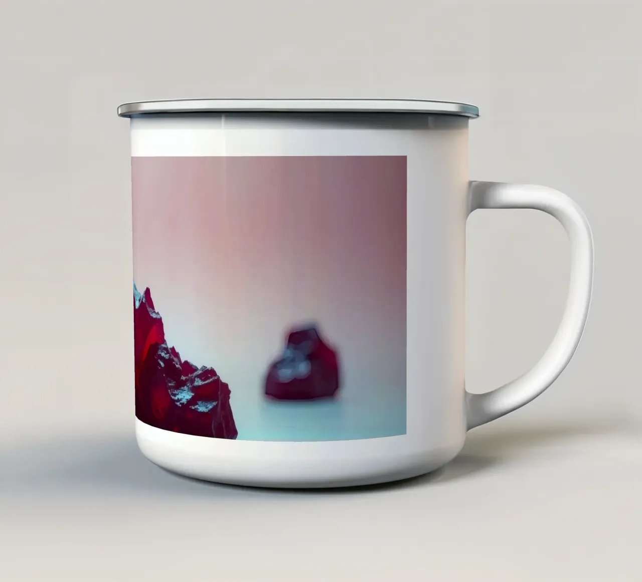 Helderrode gelatineblokjes verspreid over een zacht oppervlak emaille mok van DesignDoodle