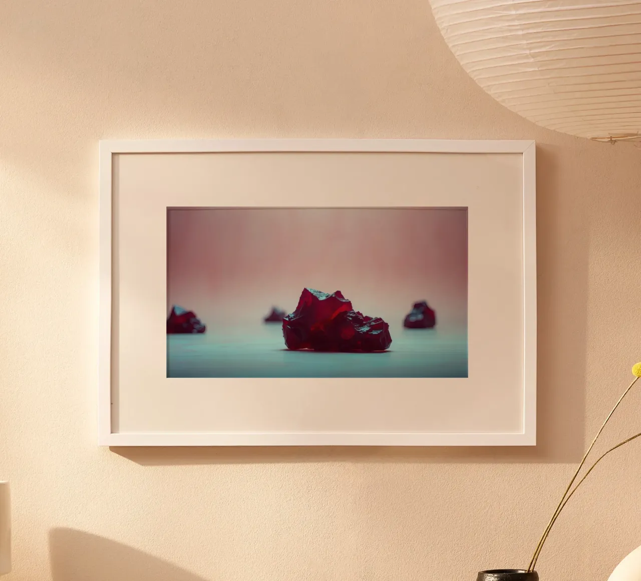Bright red gelatin cubes scattered on a soft surface hahnemühle by DesignDoodle