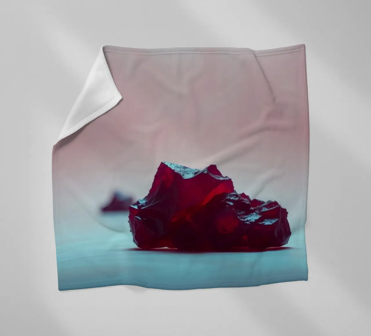 Bright red gelatin cubes scattered on a soft surface fleece blanket by DesignDoodle