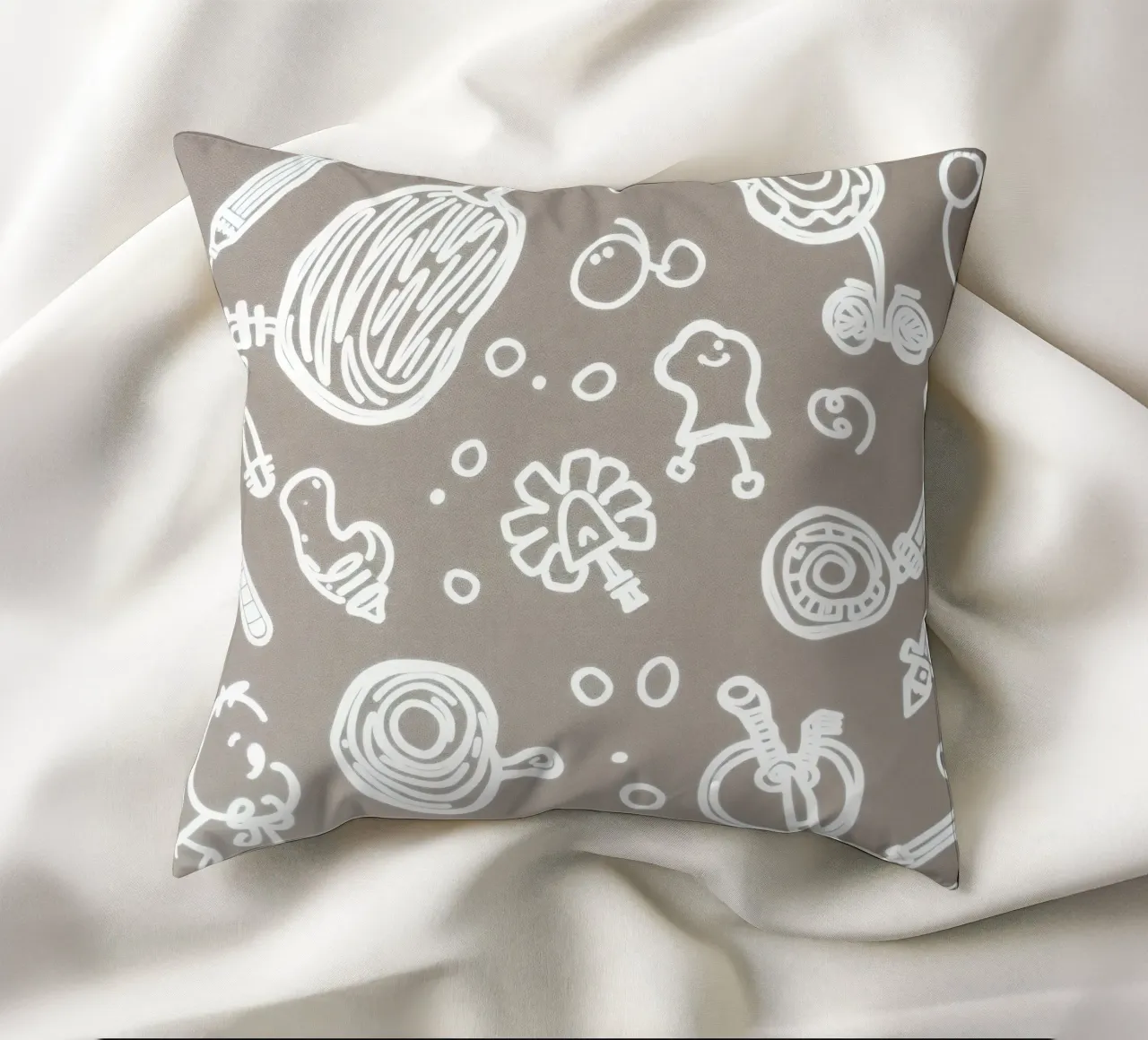Fun doodle patterns featuring playful sketches of everyday decorative cushion by DesignDoodle