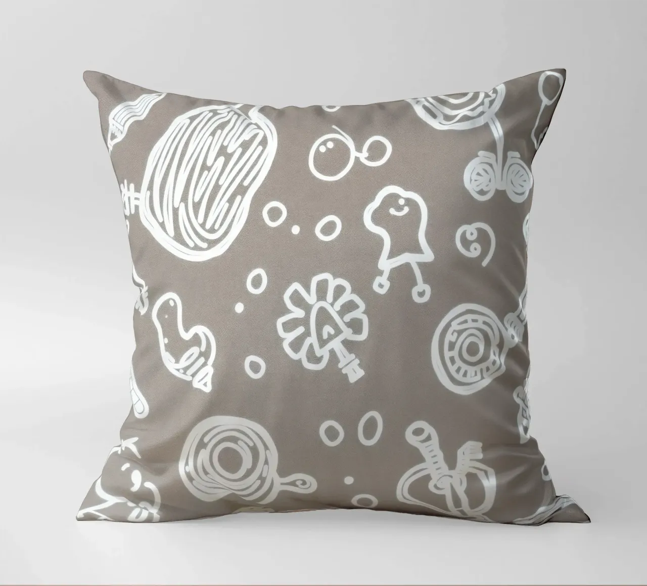 Fun doodle patterns featuring playful sketches of everyday decorative cushion by DesignDoodle