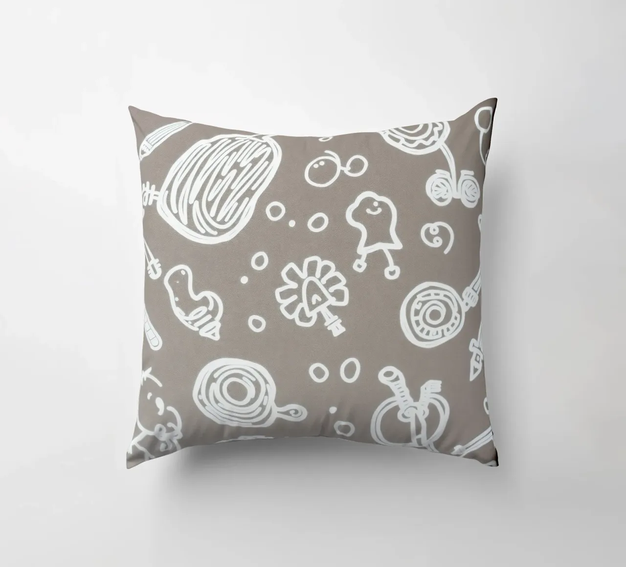 Fun doodle patterns featuring playful sketches of everyday decorative cushion by DesignDoodle