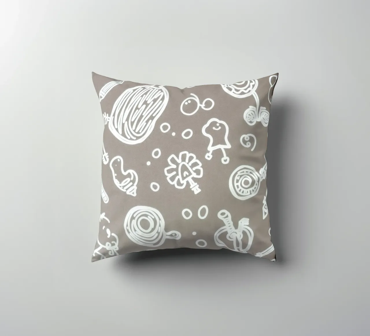 Fun doodle patterns featuring playful sketches of everyday decorative cushion by DesignDoodle