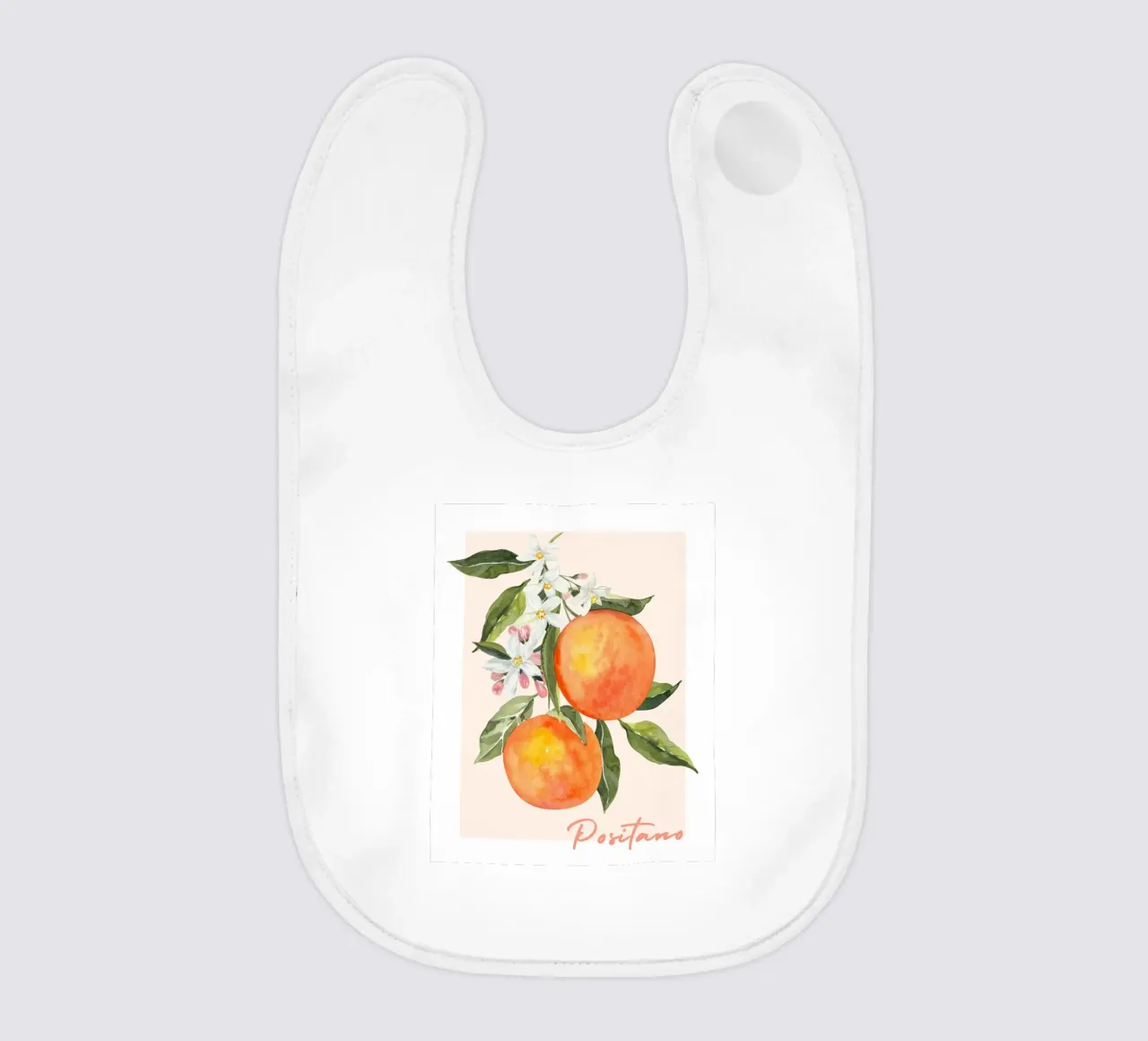 Positano Italiaanse Poster, Italië Muurkunst, Sinaasappel Fruit Print baby slabbetje van Bella Studio