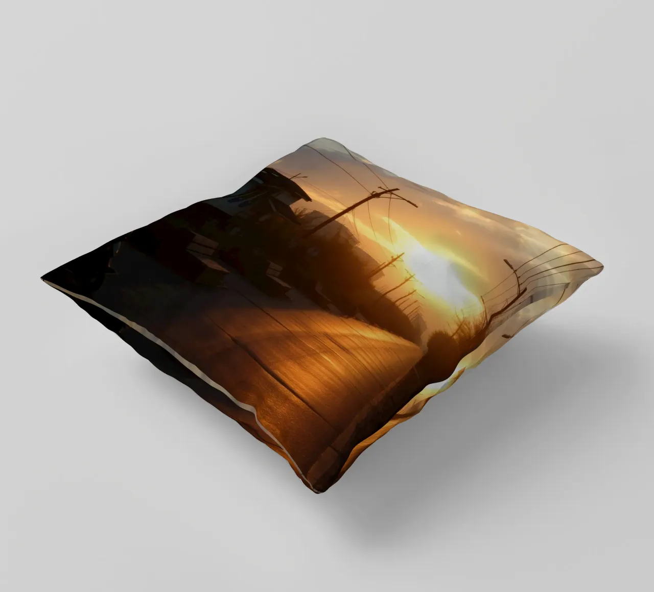Il tramonto proietta un bagliore dorato su una strada tranquilla, costeggiata da un'ampia fascia di traffico. cuscino da DesignDoodle