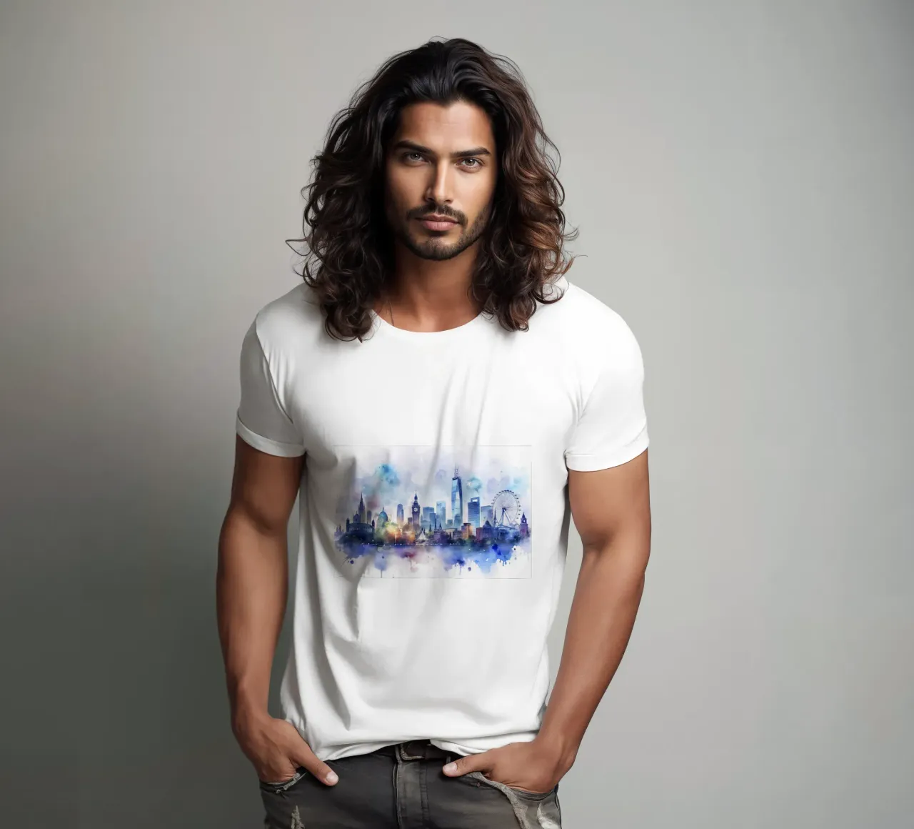 Lo skyline di Londra in acquerello t-shirt da 🎁 ARTVI-SHOP