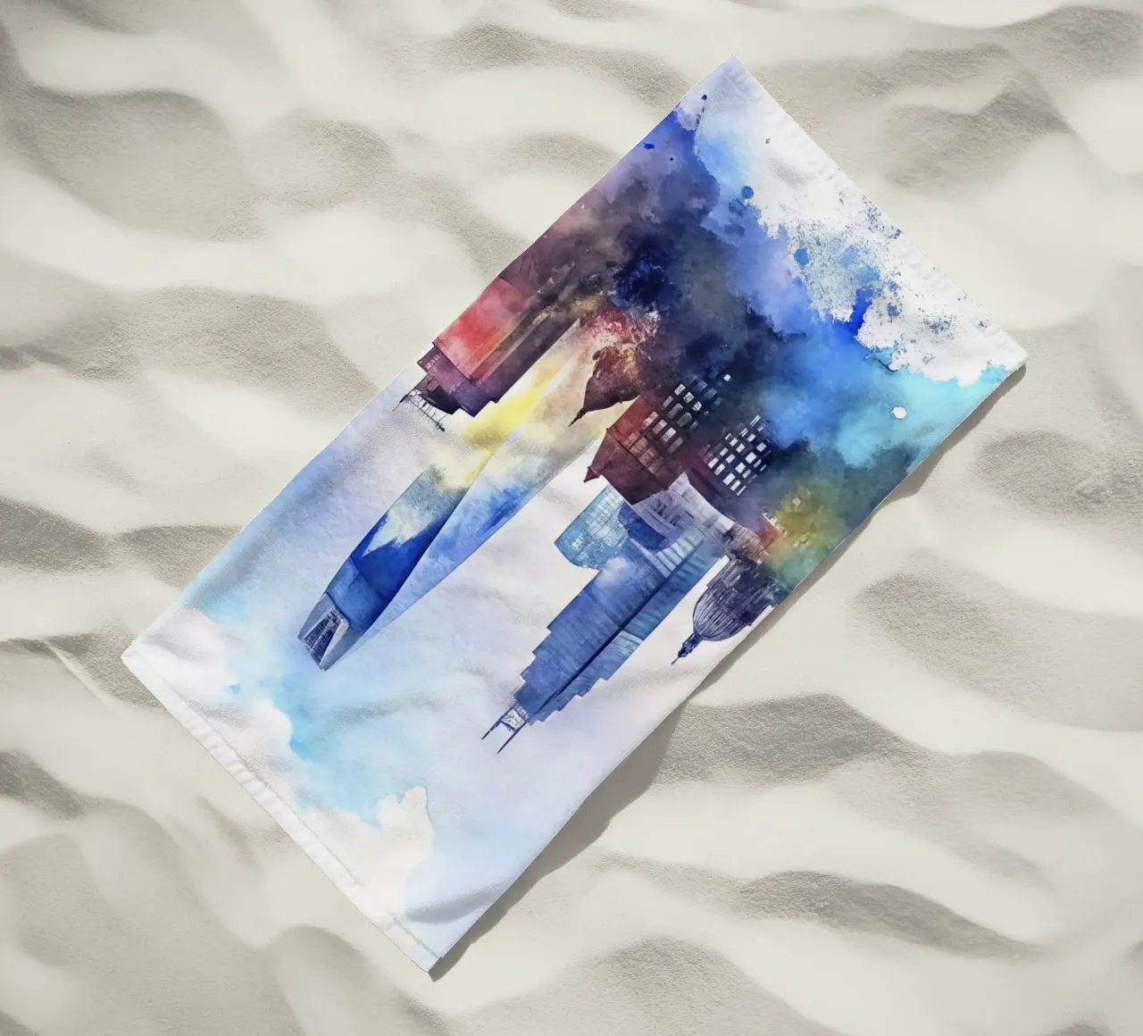 London skyline in watercolor beach towel by 🎁 ARTVI-SHOP
