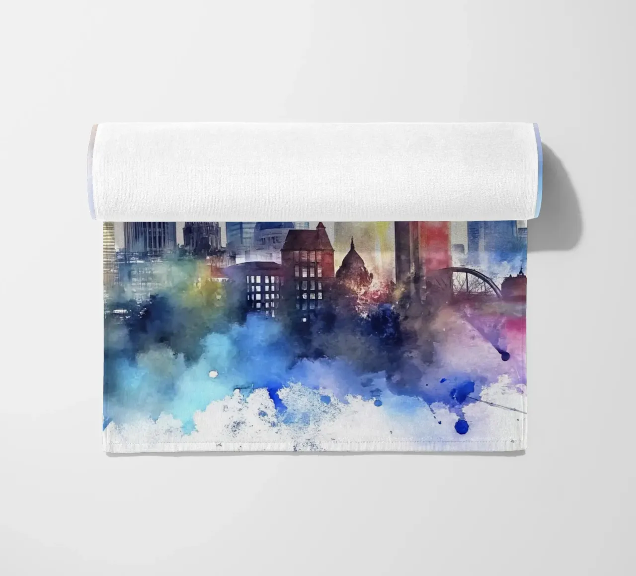 London skyline in watercolor beach towel by 🎁 ARTVI-SHOP