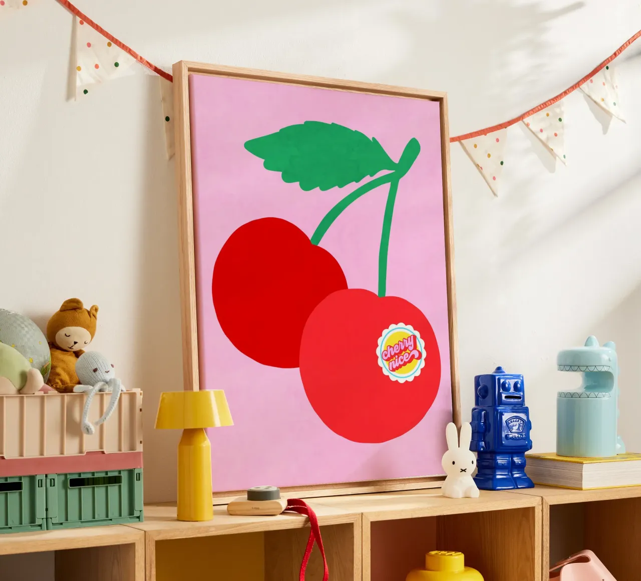 Coppia di ciliegie grandi con etichetta punzonata "Cherry Nice". tela con Cornice a cassetta da Dominique Vari