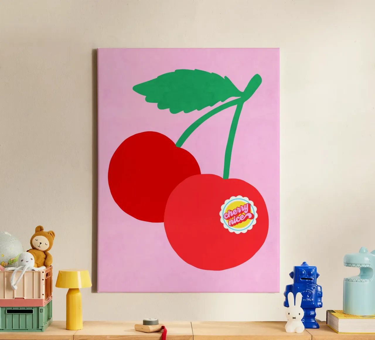 Coppia di ciliegie grandi con etichetta punzonata "Cherry Nice". tela con Cornice a cassetta da Dominique Vari