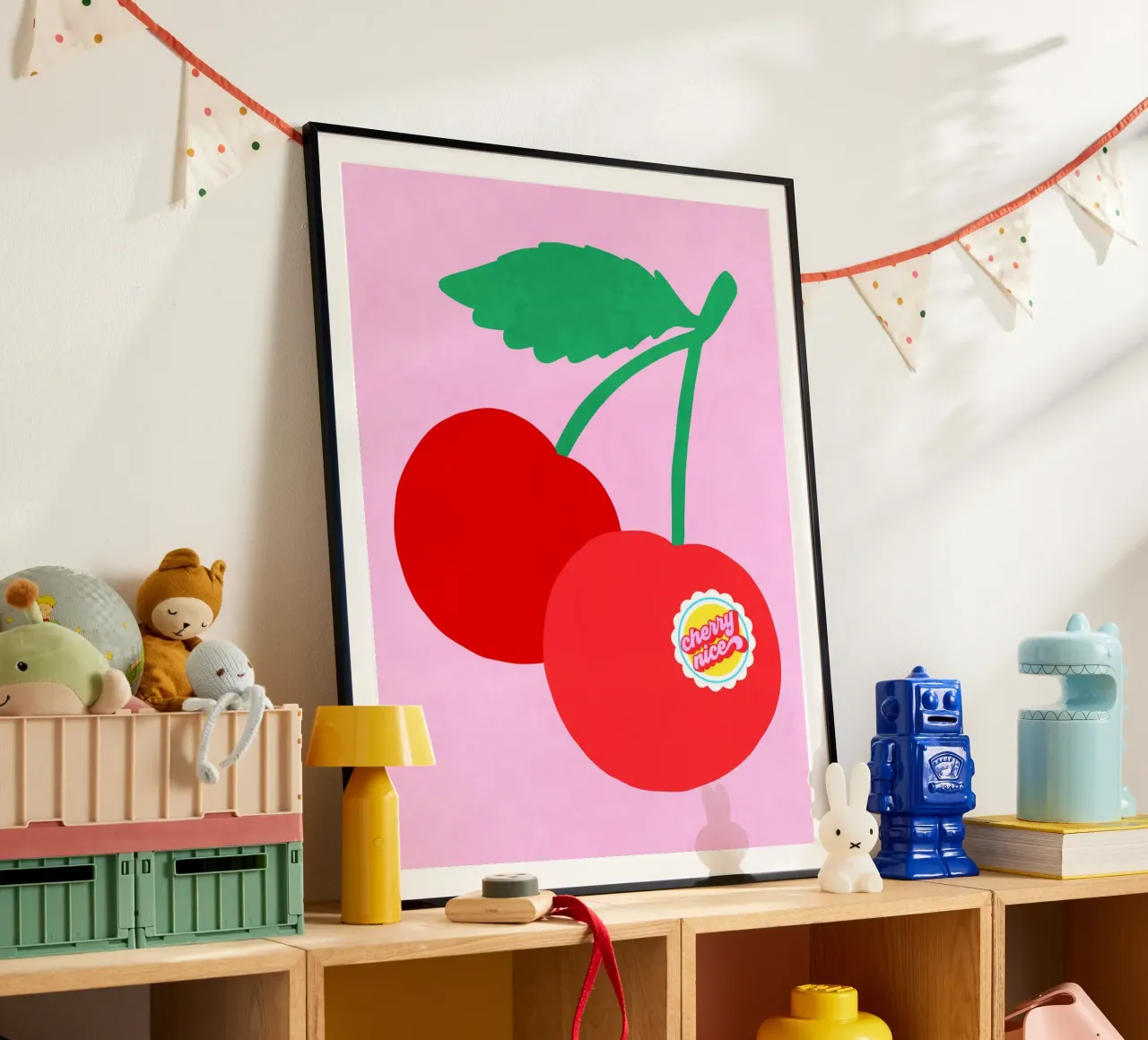 Coppia di ciliegie grandi con etichetta punzonata "Cherry Nice". poster da Dominique Vari