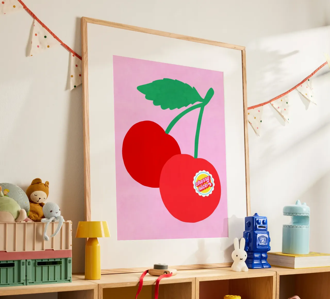 Coppia di ciliegie grandi con etichetta punzonata "Cherry Nice". poster da Dominique Vari