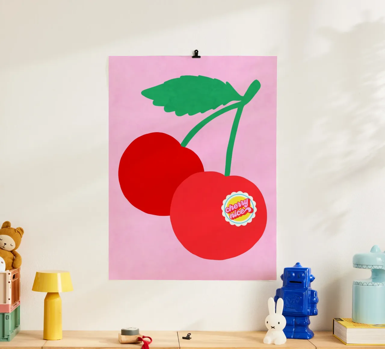 Coppia di ciliegie grandi con etichetta punzonata "Cherry Nice". poster da Dominique Vari