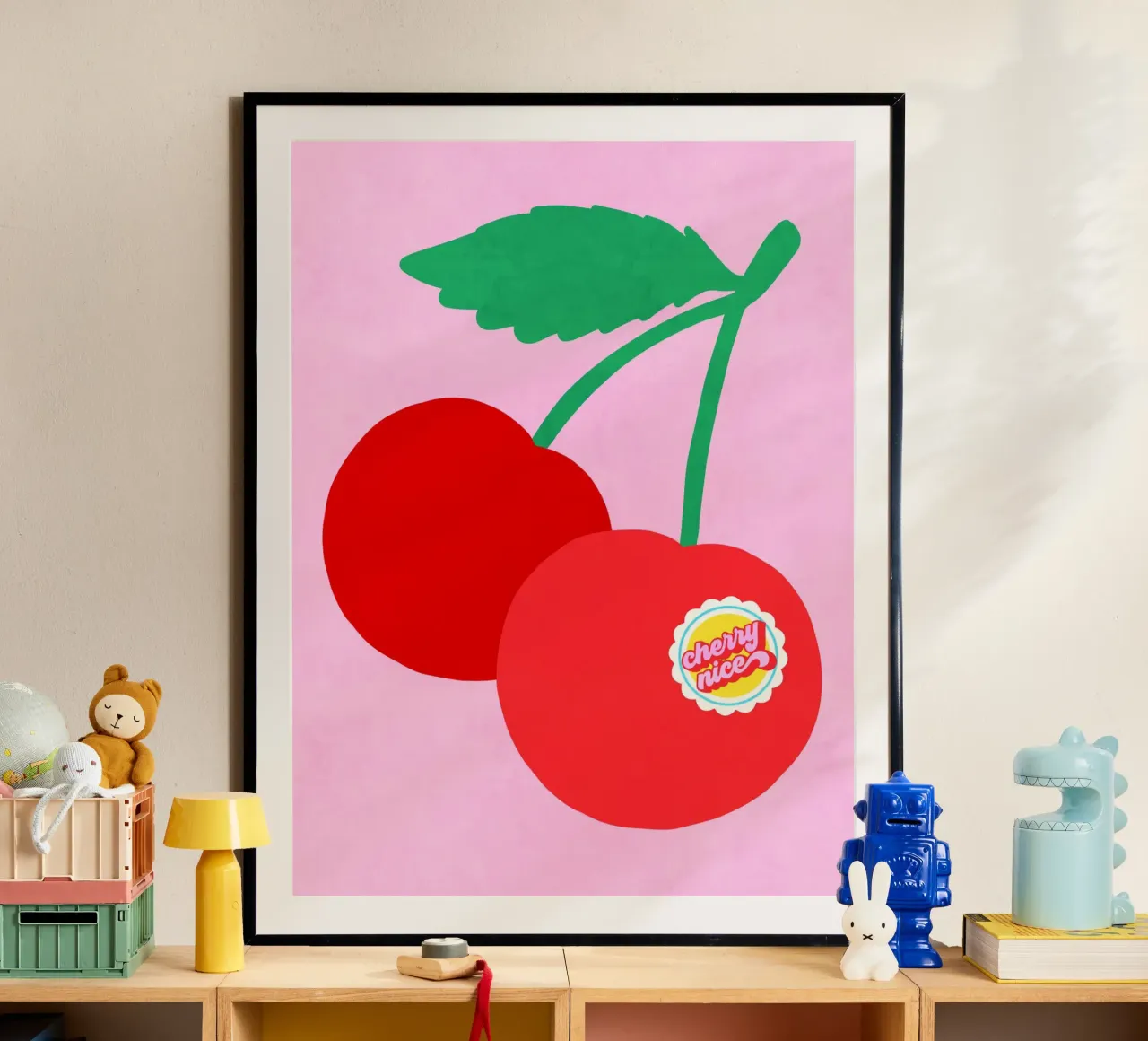 Coppia di ciliegie grandi con etichetta punzonata "Cherry Nice". poster da Dominique Vari