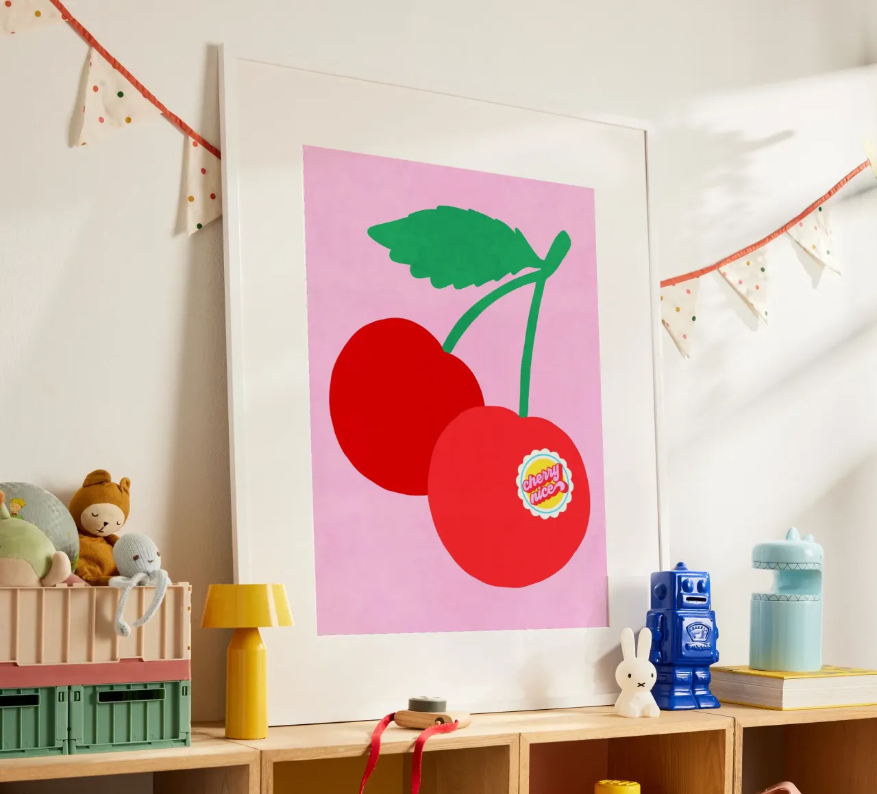 Coppia di ciliegie grandi con etichetta punzonata "Cherry Nice". poster da Dominique Vari
