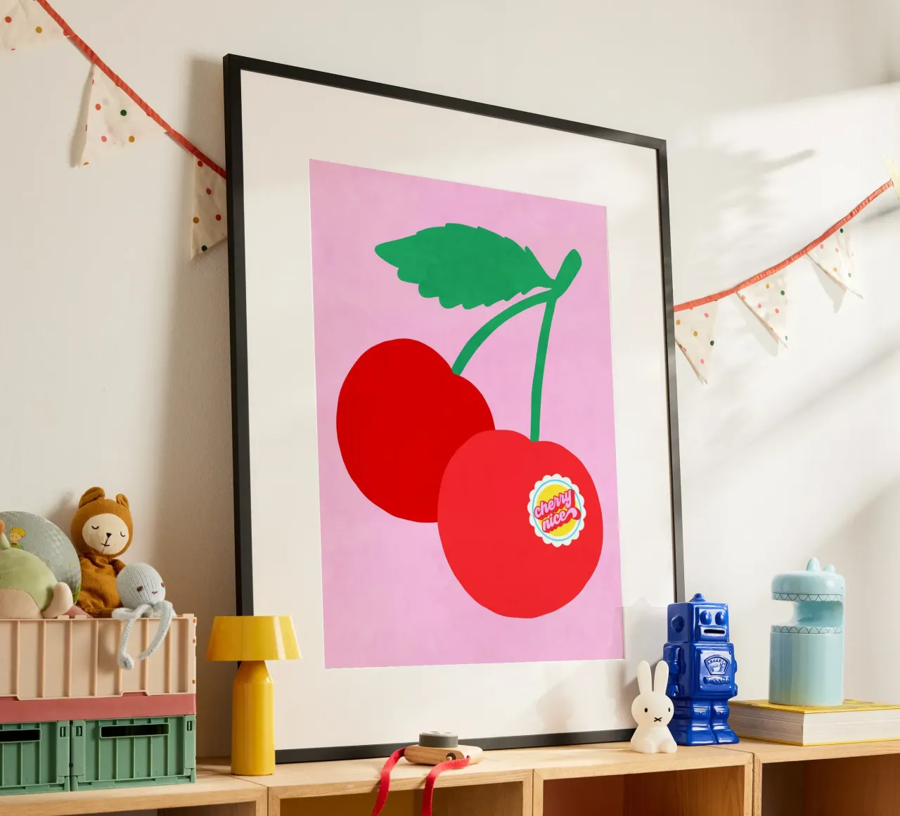 Coppia di ciliegie grandi con etichetta punzonata "Cherry Nice". poster da Dominique Vari