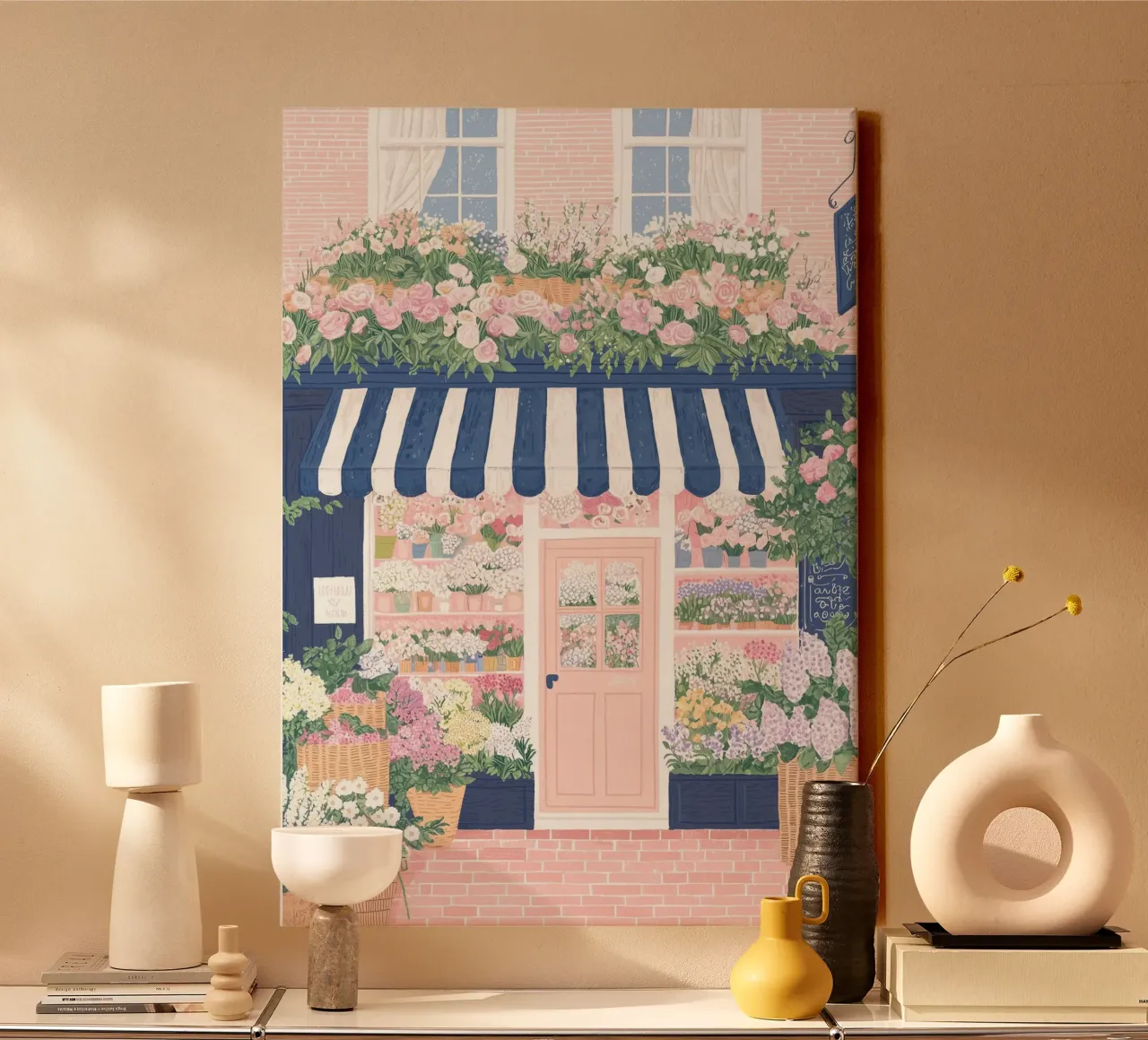 Parijs Poster, Parijs Bloemenprint, Café in Frankrijk, Pastelkunst canvas met Baklijst van Gaia