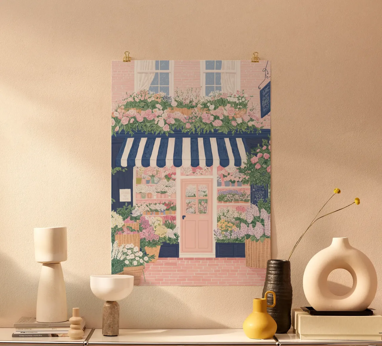 Parijs Poster, Parijs Bloemenprint, Café in Frankrijk, Pastelkunst poster van Gaia