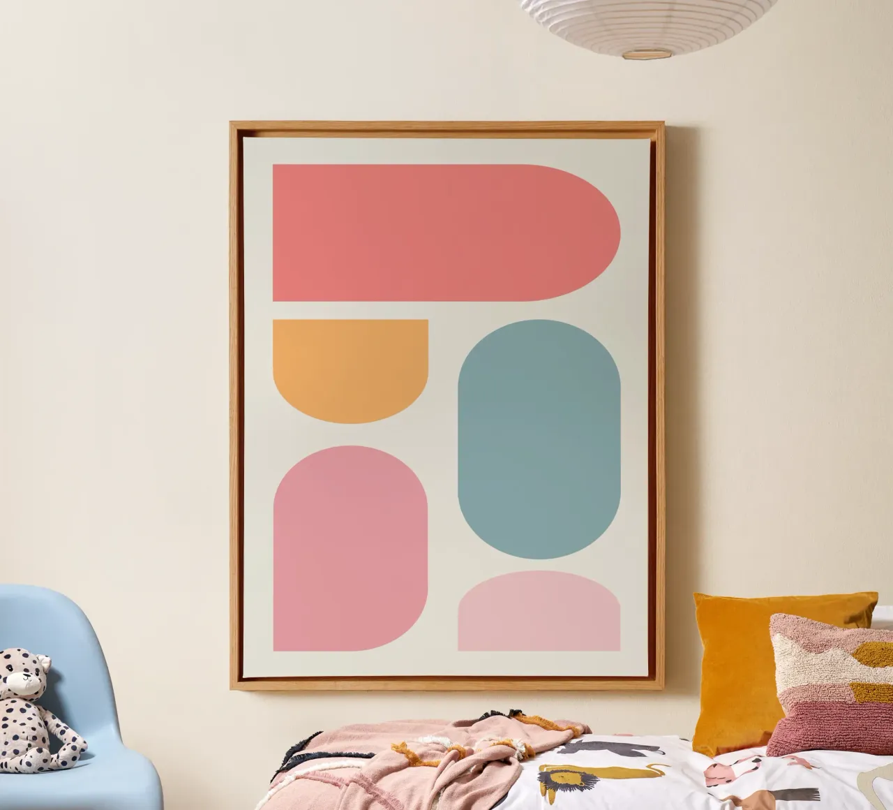 Geometrischer pastellfarbener Block Leinwand mit Schattenfugenrahmen von Little Dean