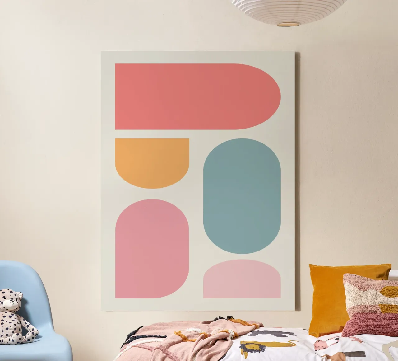 Geometrischer pastellfarbener Block Leinwand mit Schattenfugenrahmen von Little Dean