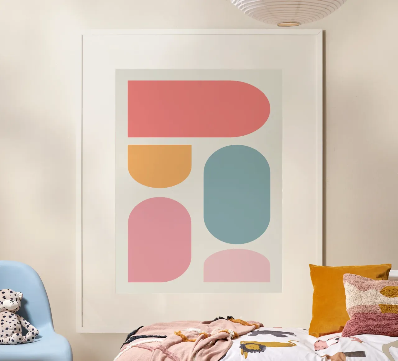 Geometrisch pastelkleurig blok poster met kunststof frame van Little Dean