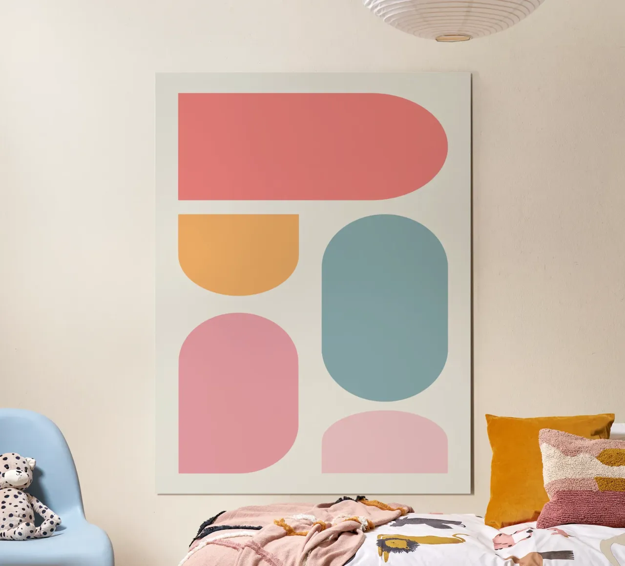 Blocco geometrico di colori pastello poster con telaio in alluminio da Little Dean