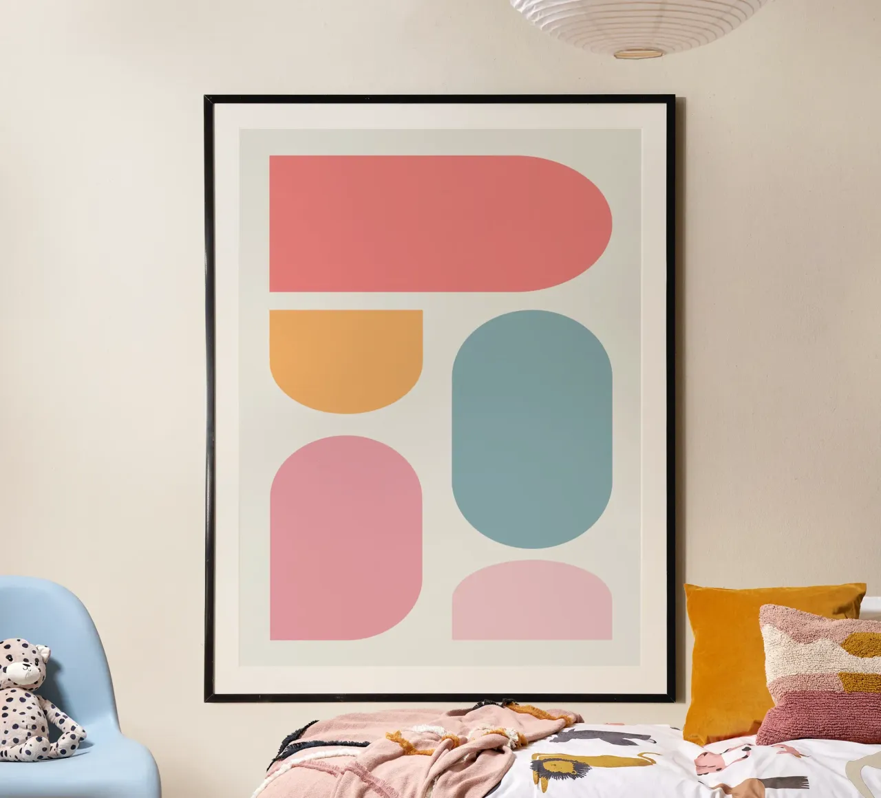 Blocco geometrico di colori pastello poster con telaio in alluminio da Little Dean