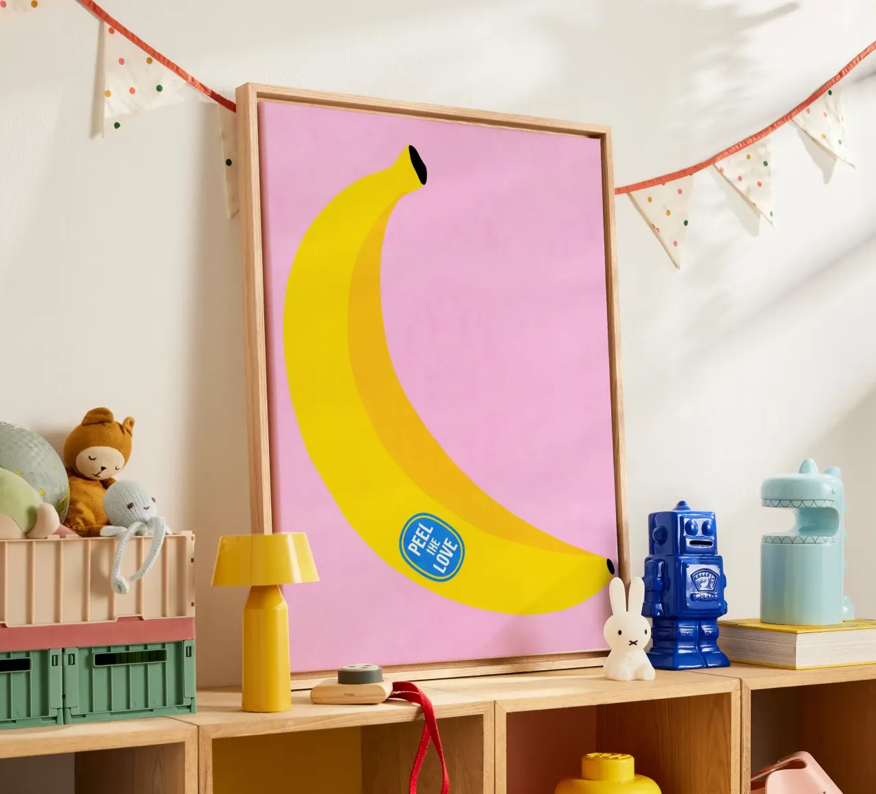 Big Banana fruit with 'Peel the Love' Pun label canvas with Floater frame by Dominique Vari